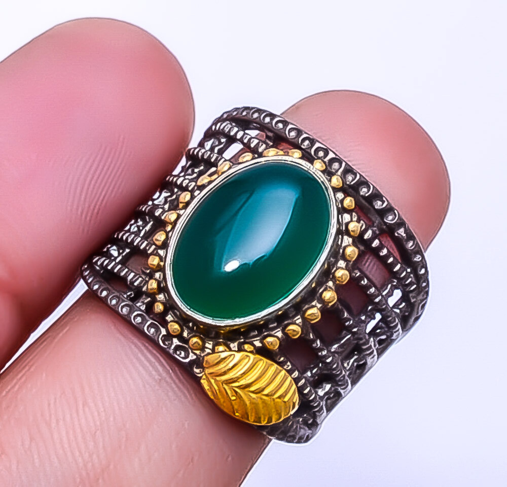 Green Onyx Black Rhodium Handmade 925 Sterling Silver Ring S.8 R_9244_75_35