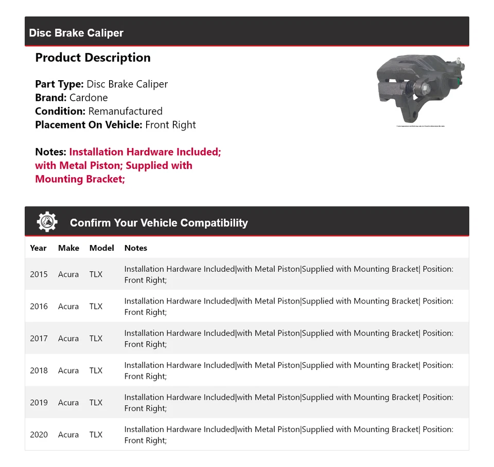 Pinza de freno de disco delantera derecha Cardone 2016 2017 2018 para Acura TLX 2015-2020 Foto 2 de 4