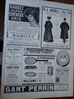 raquette DRIVA WILLIAMS + H J NICOLL + rénovateur ROBINET pub ILLUSTRATION 1908