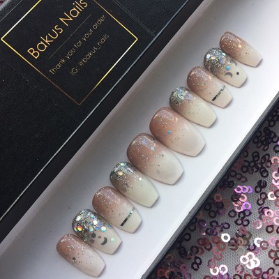 Hand Painted False Nails Neutral Nude White French Ombre Glitter Short Square Ebay