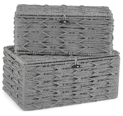 Storage Baskets Bin with Lid Decorative Paper Rope Handwoven Basket Organizer-image