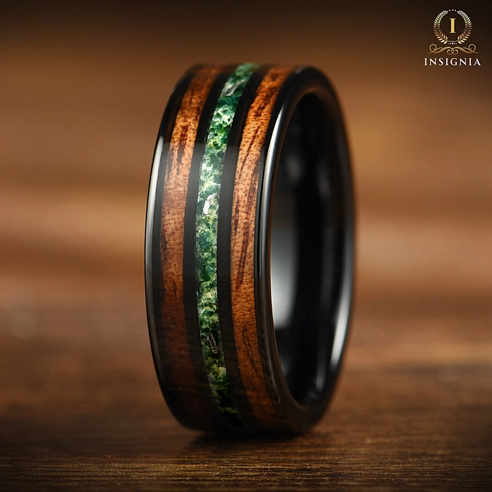 Dark Wedding /Promise Band For Men – Smoked Wood, Moss Agate & Real Meteorite 8m - Image 4 of 4