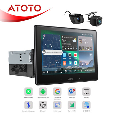 Universial 10'' 1 DIN Car Stereo Wireless Carplay Android Radio GPS w/ F+R Camera
