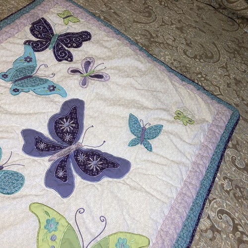 NoJo Beautiful Butterflies Crib Quilt Purple Teal Lime - Picture 3 of 9
