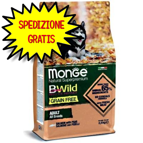 MONGE CANE CROCCHETTA BWILD GRAIN FREE ALL BREEDS ADULT SALMONE E PISELLI 2,5 KG
