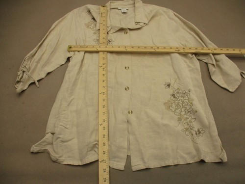 Avenue Size 14/16 Womens Beige Linen 3/4 Sleeve Button Up Embroidered Blouse 028 - Picture 5 of 9