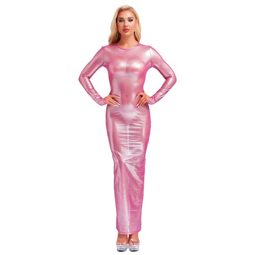 Sexy Maxi Vestido Para Mujer Transparente Manga Larga Metálico Brillante Transparente Bodycon - Imagen 17 de 47