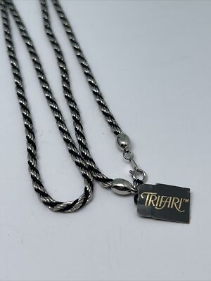 New Vintage Signed Trifari Silver Tone & Black Twisted Rope Chain 30  Necklace