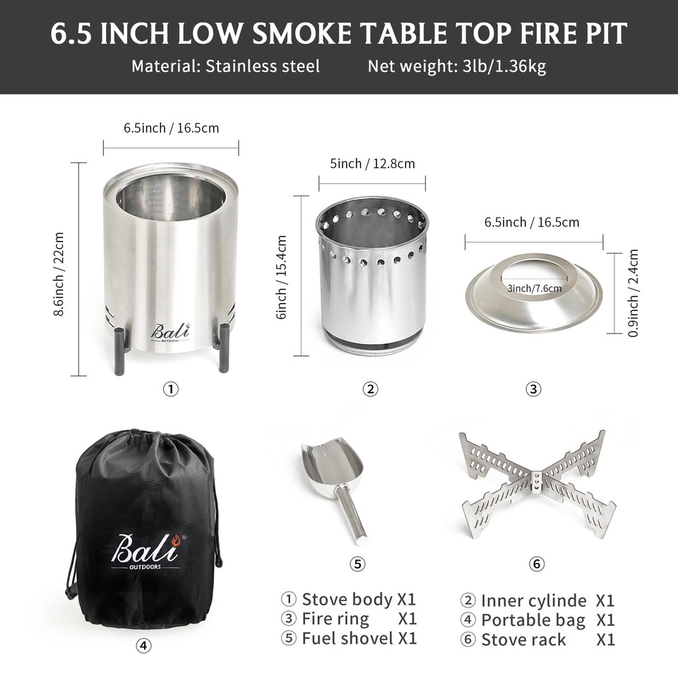 BALI OUTDOORS Table Top Firepit Smokeless Portable Small Fire Pit with