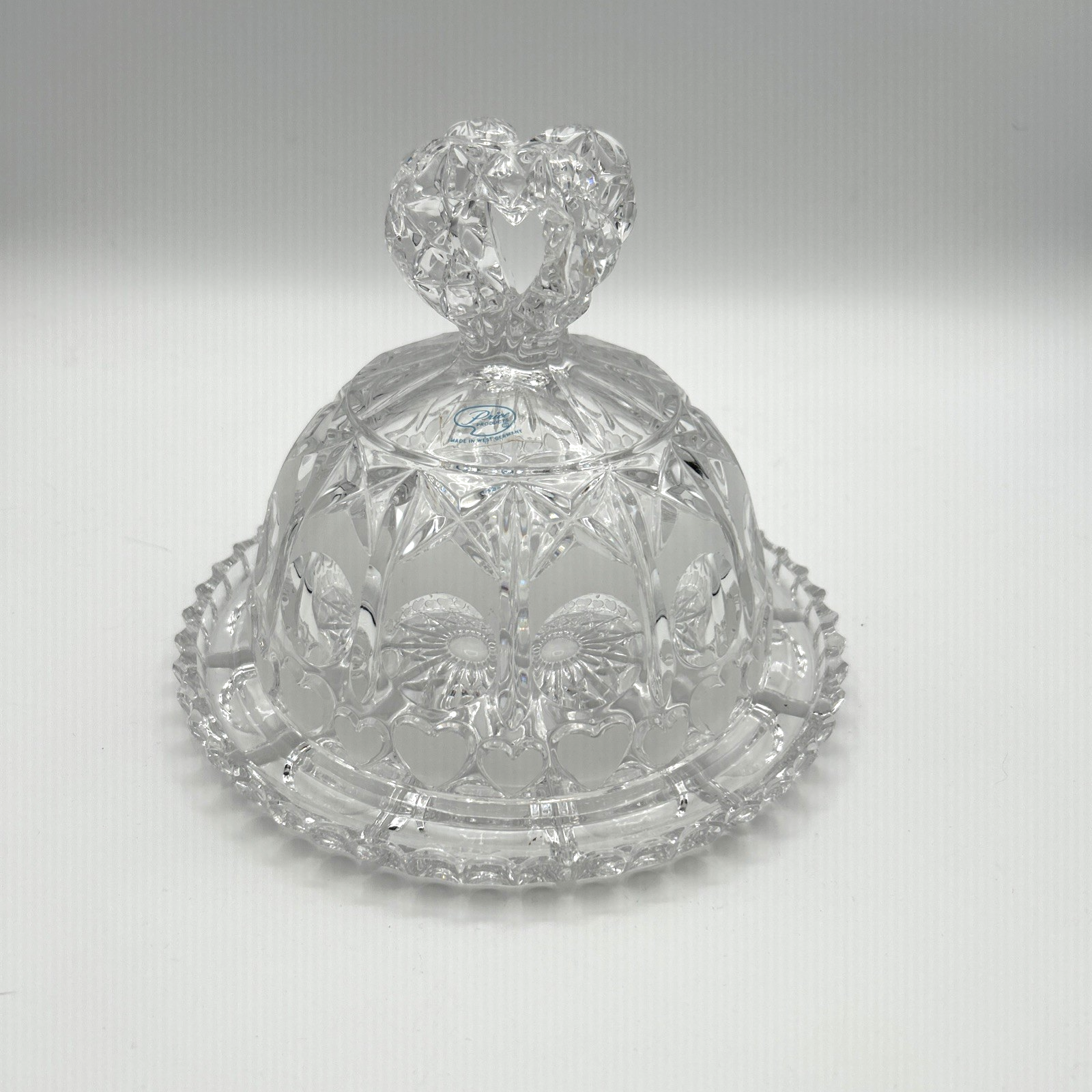 Vintage Mid-Century Modern Lead Crystal Butter Cheese Dish with German Wedding Heart