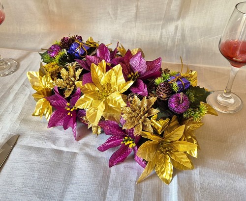 Artificial Flowers Christmas Table Centerpiece Poinsettia Rose Berries Holly - Picture 13 of 16