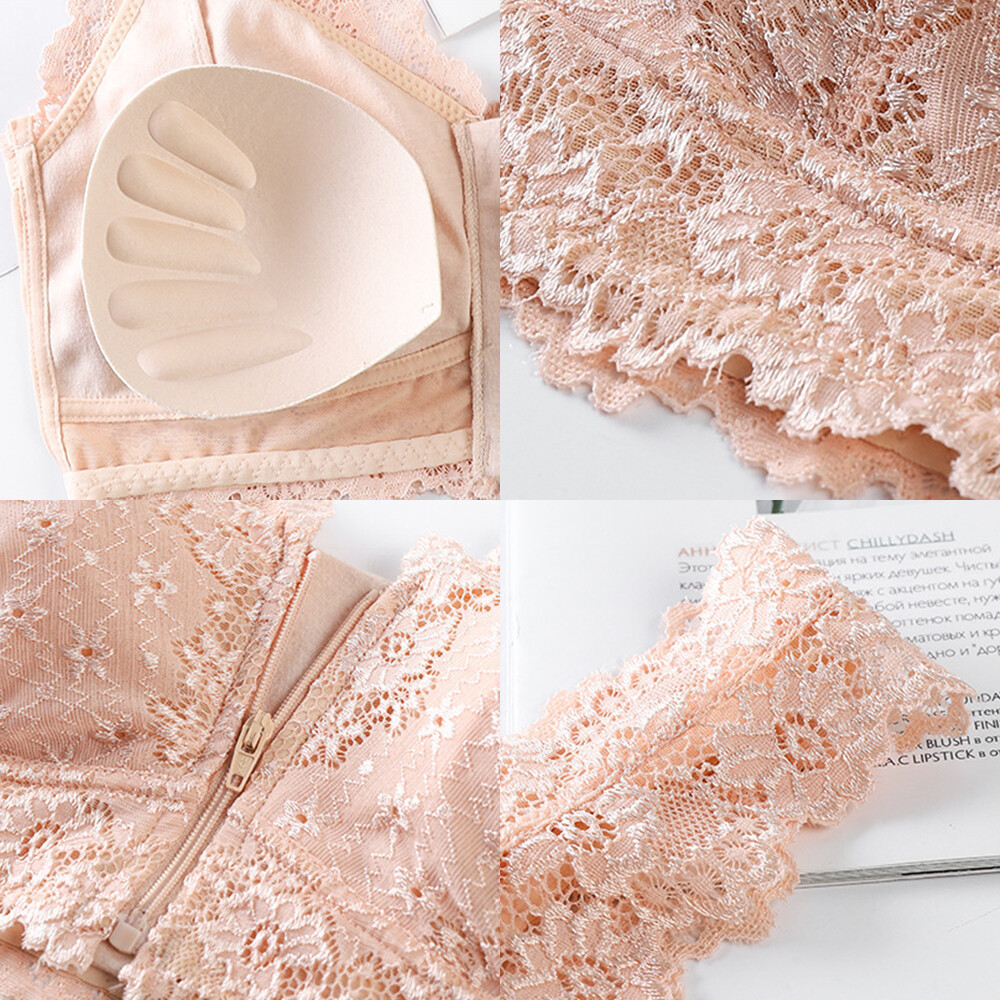Women's Sexy Front Zipper Opening Lace Full Cup Padded Bras Push Up