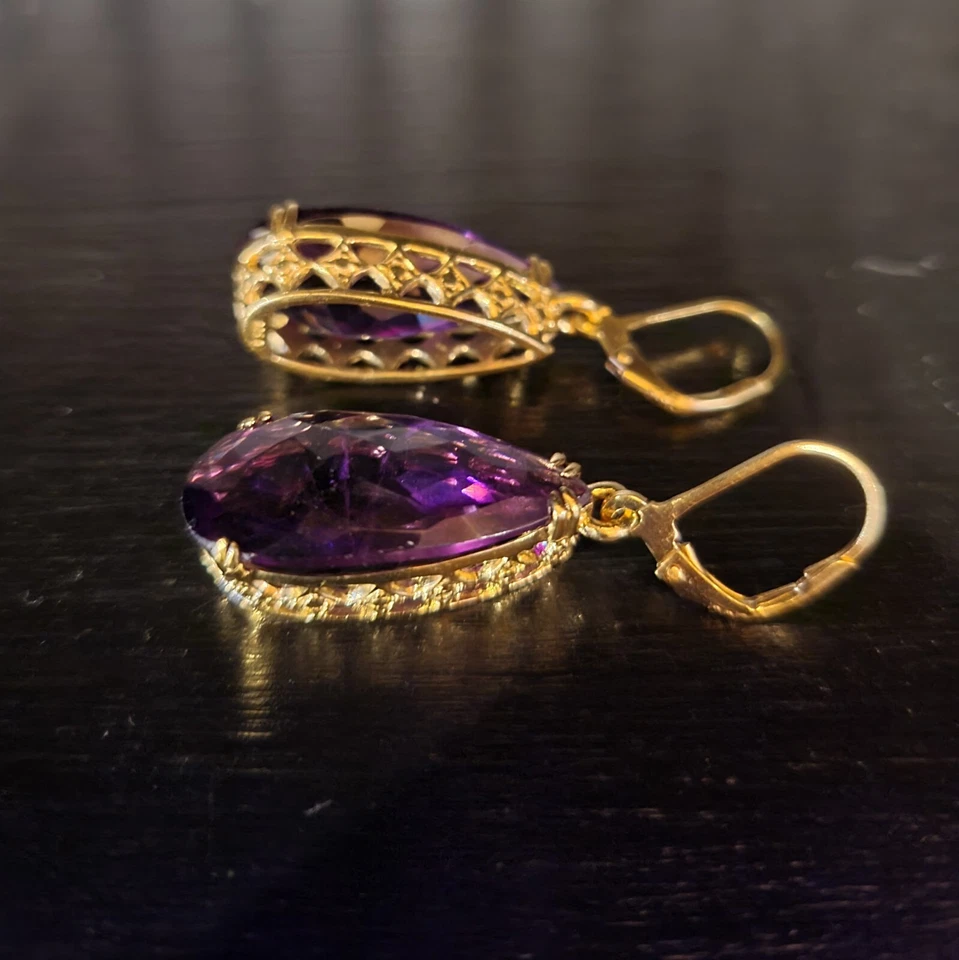 18K 镀金紫水晶吊坠耳环 - 18.00 克拉非洲梨紫水晶 — 第 3/3 张图片