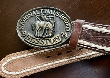 Vintage Rodeo Brass Belt Buckle 1979 Hesston National Finals Adult Leather Sz 32