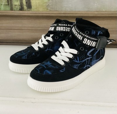 Unisex Skater Shoes Size US 4 EU 35 Black Blue High-top Lace-up Ankle Buckle