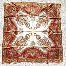 Vintage 1960's Gold, Red  Cream Silk Scarf Paisley Geometric Design 26" x 26"