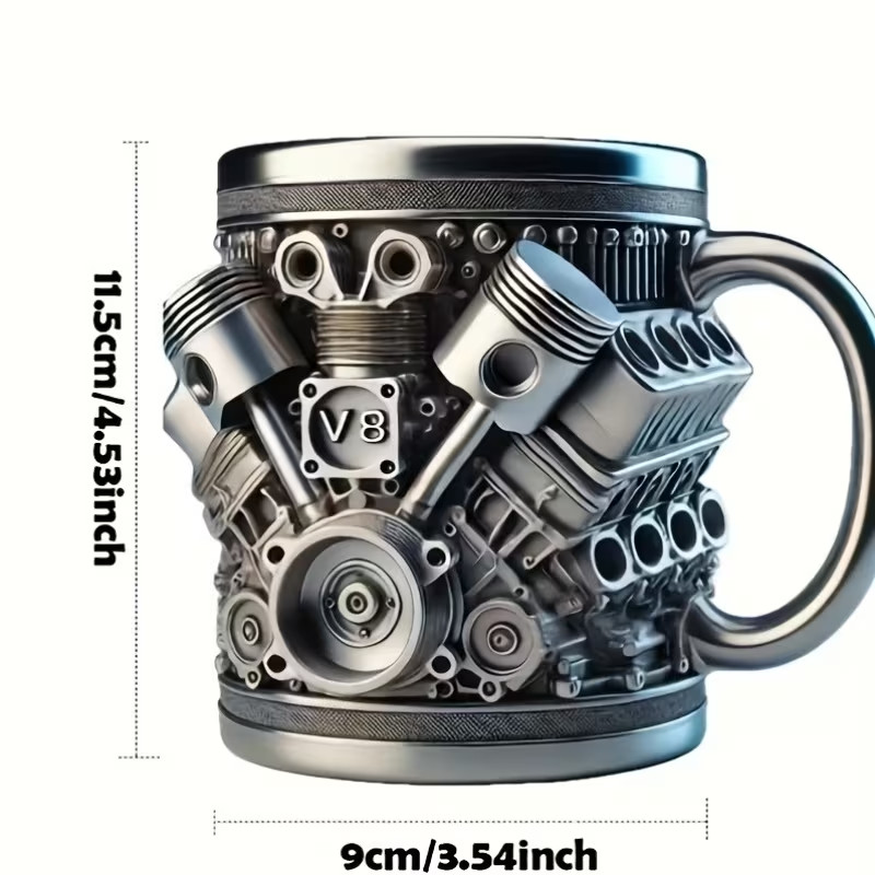 V8/V6 Engine Coffee Mug Silver Retro Coffee Mug Personalized Double Wall Car Mug