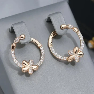 ✨ Boucles d'oreilles créoles femme or rose fleur zirconium bijoux élégants ca... - Photo 1/4