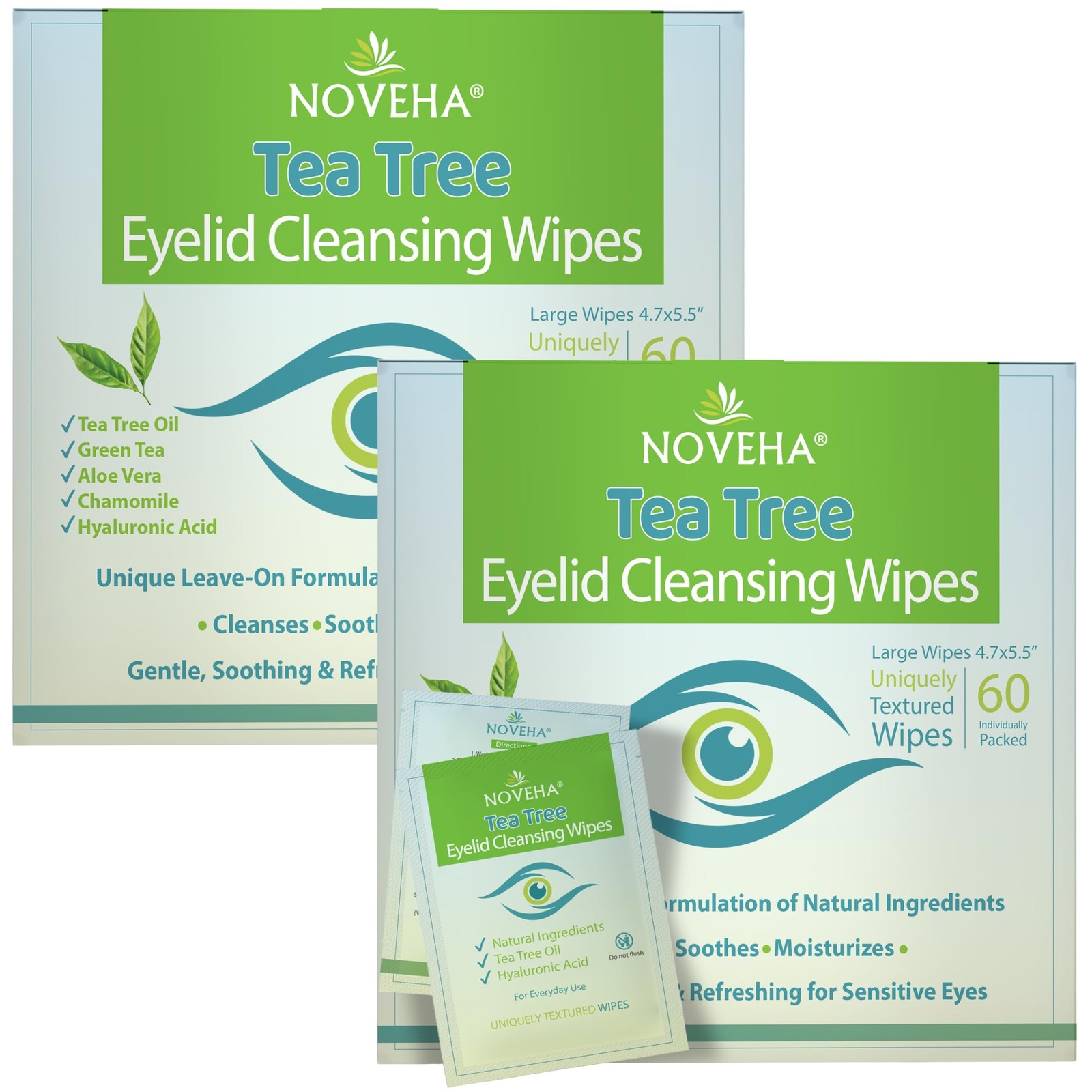 NOVEHA 120Pcs Tea Tree Oil Eyelid  Lash Wipes With Hyaluronic Acid, Green Tea...
