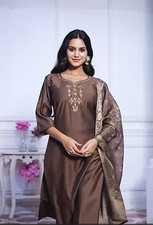 Women  s Roman Silk Handwork Embroidered Kurti Pant Set with Dupatta - Brown Only