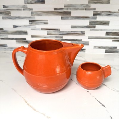 Vintage CALIFORNIA Pottery Red Orange Pitcher & Mug Set ~ Catalina? Bauer ? MCM