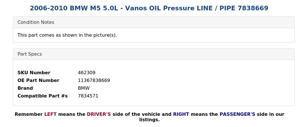 2006-2010 BMW M5 5.0L - Vanos OIL Pressure LINE / PIPE 7838669 - Image 3 of 4