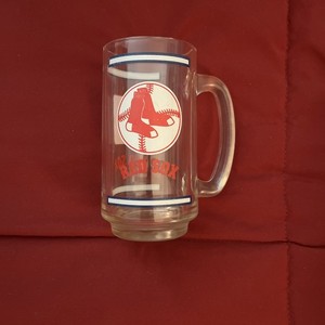 True Vintage 1970s BOSTON RED SOX Glass Beer Mug w/ Blue and White Stripes 5.5"