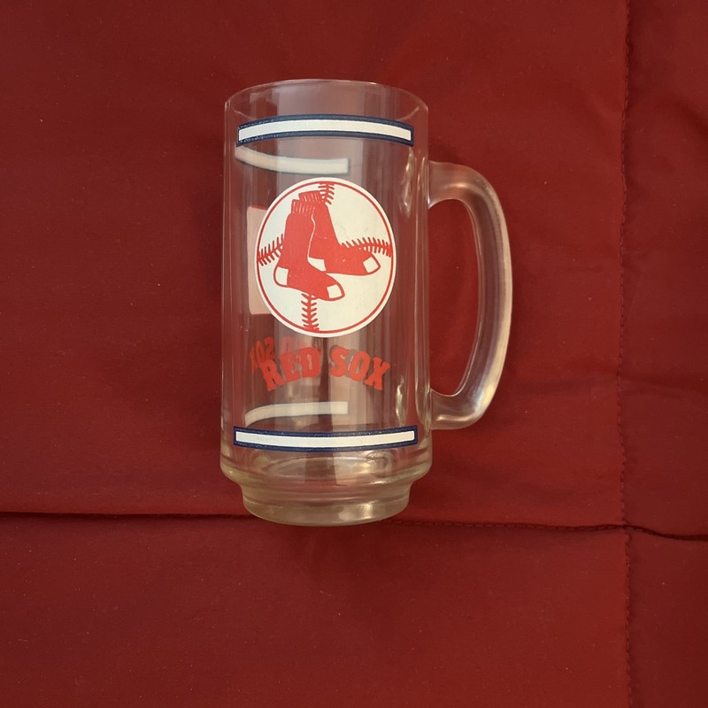 True Vintage 1970s BOSTON RED SOX Glass Beer Mug w/ Blue and White Stripes 5.5"
