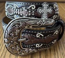 Ariat Western Belt Women's Large Leather Brown Crosses Ltd Edition Buckle NEW