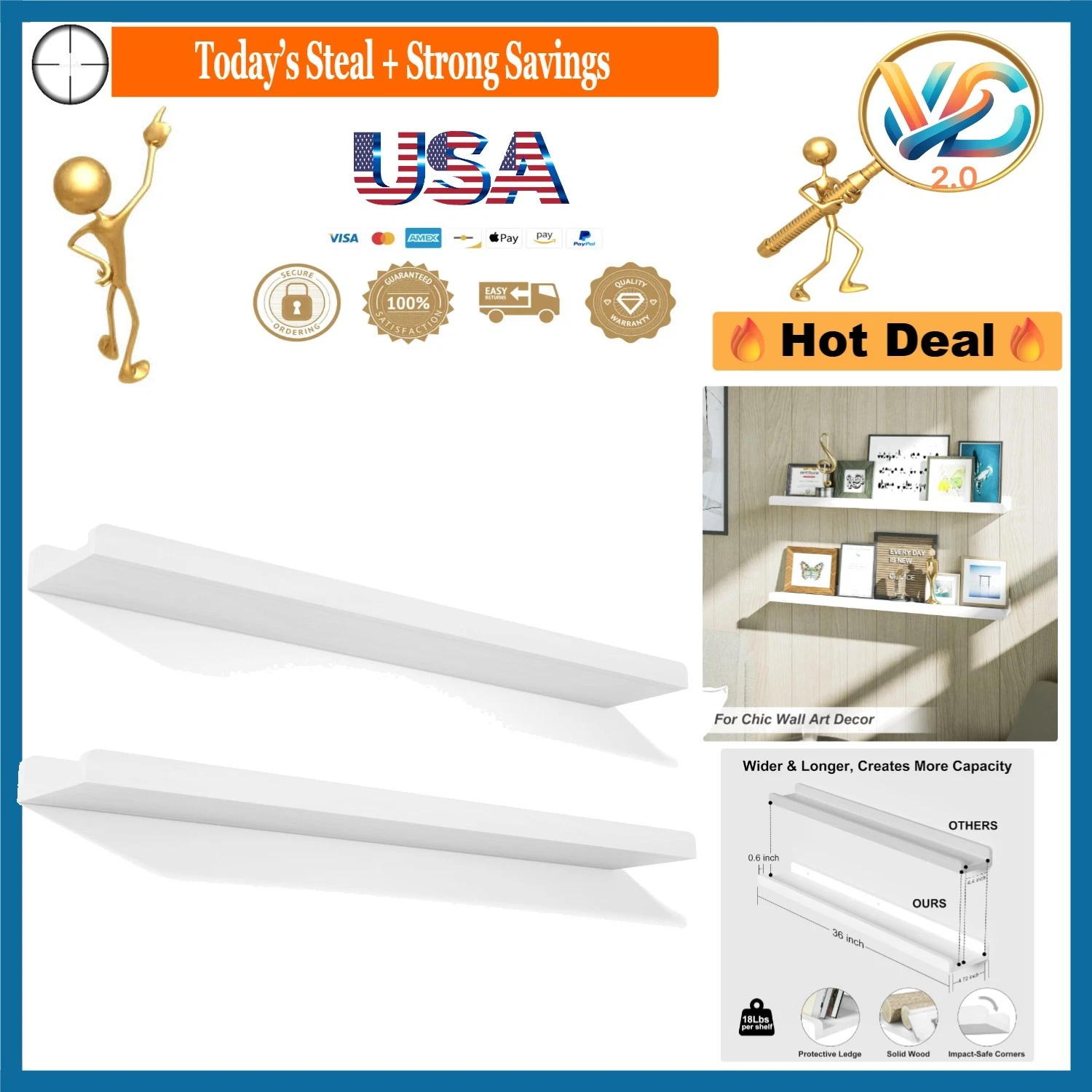 White 36-Inch Floating Wood Shelves Set of 2 for Wall Storage & Display