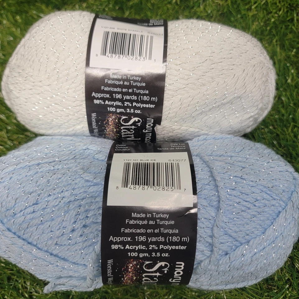 Mary Maxim Starlette Sparkle Worsted Yarn Lot Of 2 - White Sparkle & Blue Ice - Image 2 of 4