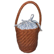 Loeffler Randall CLEO Brown Woven Leather Picnic Small Bucket Bag 