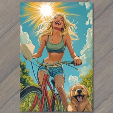 Art Print Woman Riding Bike Pack Dogs Forest Trail Blonde Smiling Outdoors Sun