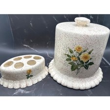 Vintage 1970s Ceramic Vanity/Bathroom Set of Two Items Speckled Floral Design