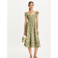 Tory Burch Printed Cotton Poplin Dress in Green Scribble Floral Size 6