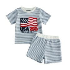 Toddler Boy 4th of July Outfit American Flag Embroidered Short 3-4T Blue