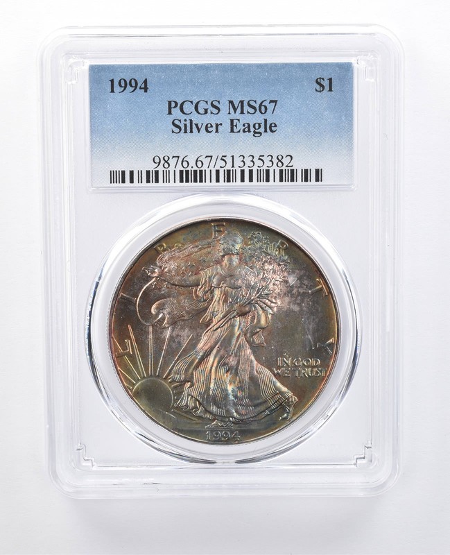 1994 American Silver Eagle MS67 PCGS Blue/Green Tone a8144