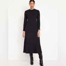 Old Navy Black Fit Flare Soft Rib-Knit Long Sleeve Classic Maxi Dress Large