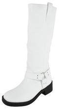 Berness Women Knee High Boots Buckle Riding Zippers Block Heel SPENCER White PU