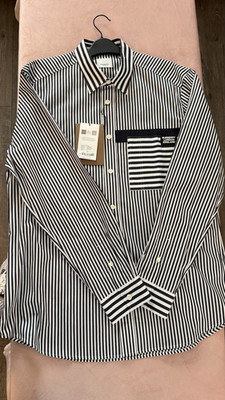 Burberry Men's Navy/White Striped Cotton Dress Shirt L Long Sleeve Point