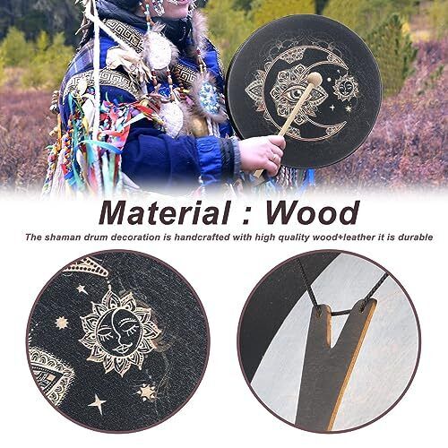 Shaman Drum 10 Inch Wood Frame Drum with Drum Stick Vegetarian Shaman Hand - Picture 3 of 8