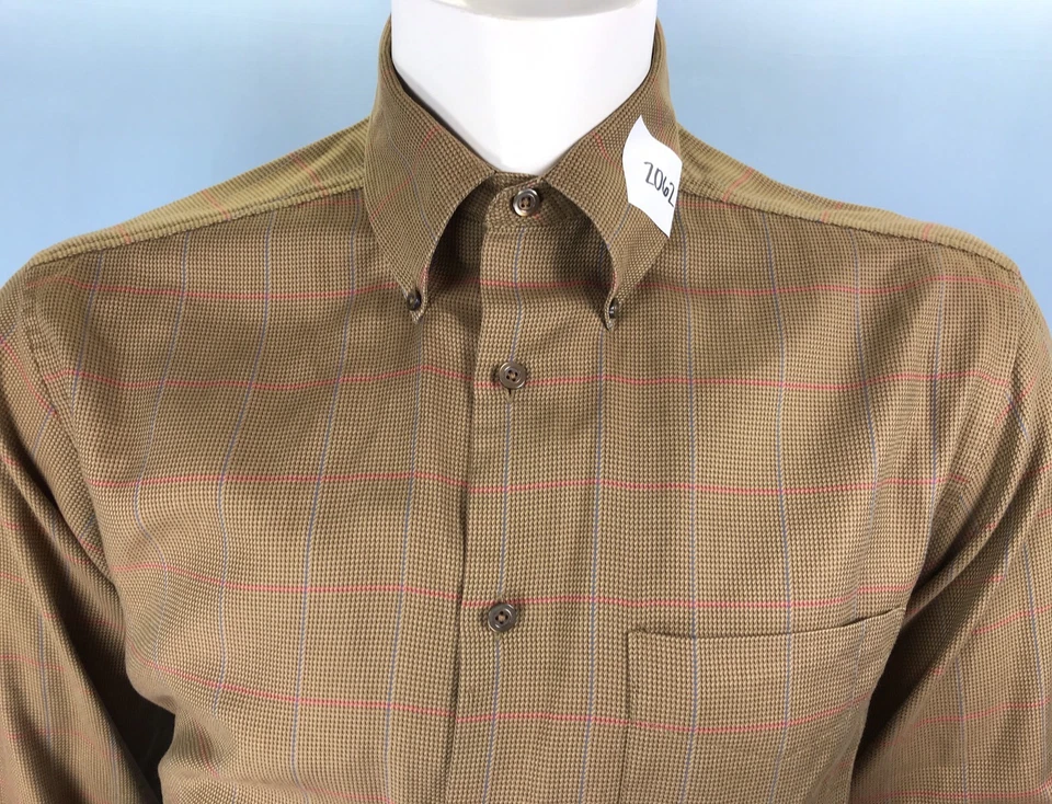 Mens Talbots Medium Caramel Shimmer Woven w/ Gray Pinstripes Cotton Button Shirt - Image 2 of 4