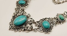 Blue Turquoise Colored Dyed Stone Bead Ornate Statement Necklace 21  
