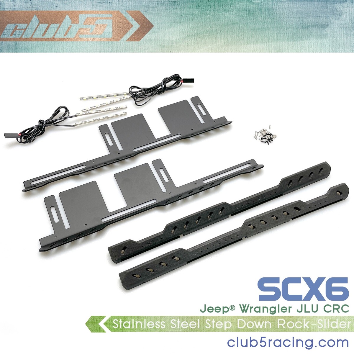 SCX6 Jeep JLU Rock Sliders Black Anodized w/ Courtesy Lights
