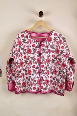 Weiß Gesteppte Baumwolle Blumenmuster Jacke Handmade Damen Bekleidung Uns