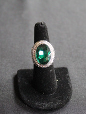 Large 925 Sterling Silver Green Glass Stone Statement Cocktail Ring Size 6.5