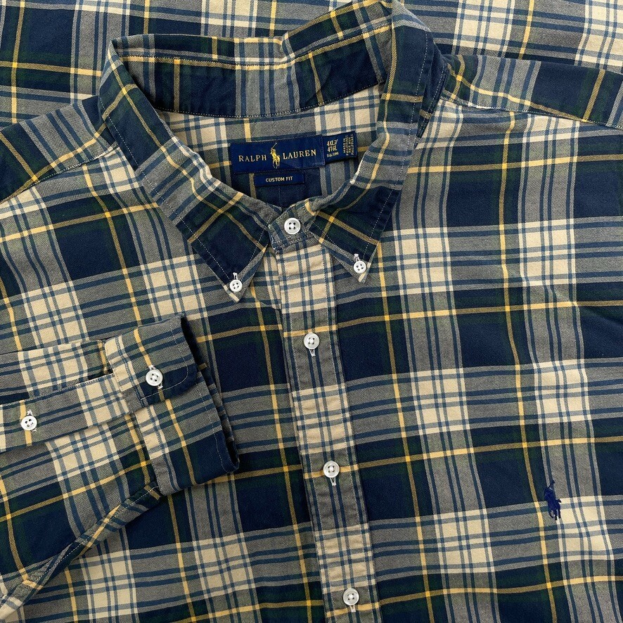 Ralph Lauren Camicia Uomo 4XLT Alta Plaid Blu Giallo Manica Lunga Preppy Pony