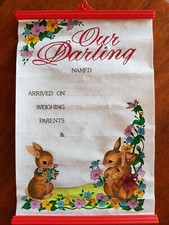 Baby Birth Record,Wall Hanging. Bunnies. Artex painting. Vintage 40 yrs