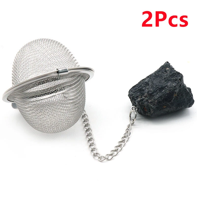 2Pcs Black Tourmaline Raw Stone Stainless Steel Tea Filter Ball Strainer HT2337