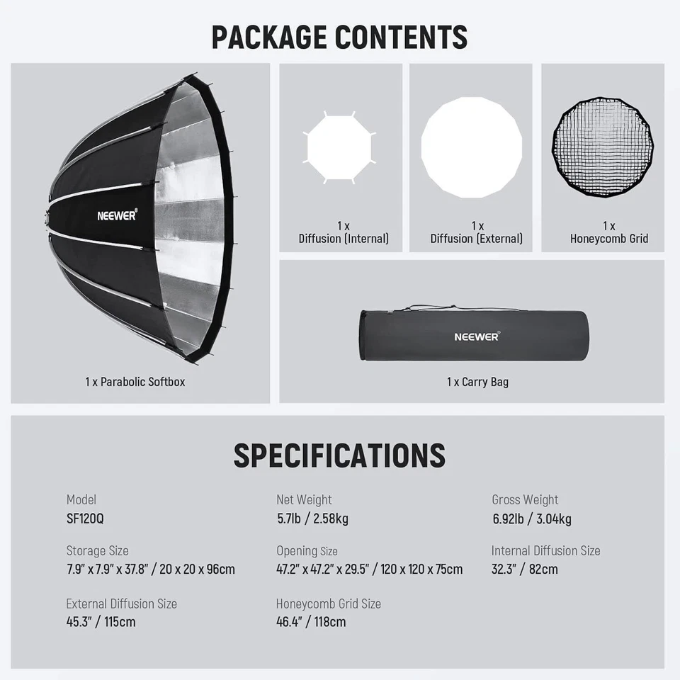 US Triopo 47.2inch/120cm Parabolic Softbox Quick Set up with Diffusers/Honeycomb - Image 2 of 4